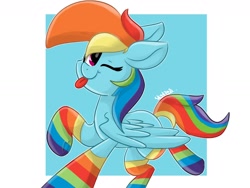 Size: 1600x1200 | Tagged: safe, artist:skylinepony_, imported from derpibooru, rainbow dash, pegasus, pony, ;p, clothes, female, looking at you, mare, one eye closed, passepartout, rainbow socks, signature, smiling, smiling at you, socks, solo, striped socks, tail, tongue out, wings, wink, winking at you