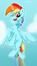 Size: 720x1274 | Tagged: safe, artist:skylinepony_, imported from derpibooru, rainbow dash, pegasus, pony, female, flying, mare, one eye closed, open mouth, open smile, rainbow trail, smiling, solo
