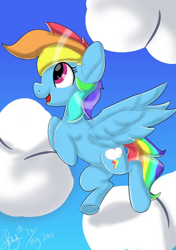 Size: 480x680 | Tagged: safe, artist:skylinepony_, imported from derpibooru, rainbow dash, pegasus, pony, cloud, female, flying, mare, open mouth, open smile, smiling, solo, spread wings, wings