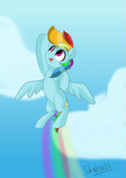 Size: 481x680 | Tagged: safe, artist:skylinepony_, imported from derpibooru, rainbow dash, pegasus, pony, female, flying, hoof in air, looking up, mare, open mouth, open smile, rainbow trail, smiling, solo