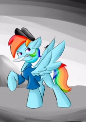 Size: 2480x3508 | Tagged: safe, artist:skylinepony_, imported from derpibooru, rainbow dash, pegasus, pony, clothes, female, hat, knife, mare, mouth hold, solo, spread wings, wings