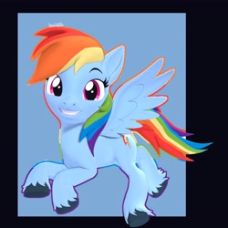 Size: 4096x4096 | Tagged: safe, artist:skylinepony_, imported from derpibooru, rainbow dash, pegasus, pony, 3d, color outline, female, grin, looking at you, mare, passepartout, rainbow outline, smiling, solo, spread wings, unshorn fetlocks, wings