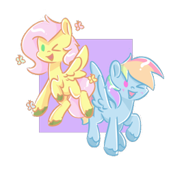Size: 542x539 | Tagged: safe, artist:skylinepony_, imported from derpibooru, fluttershy, rainbow dash, pegasus, pony, blush lines, blushing, duo, duo female, female, mare, one eye closed, open mouth, open smile, passepartout, smiling, spread wings, wings, wink