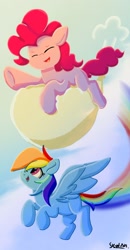 Size: 720x1380 | Tagged: safe, artist:skylinepony_, imported from derpibooru, pinkie pie, rainbow dash, earth pony, pegasus, balloon, balloon riding, cloud, duo, duo female, eyes closed, female, flying, looking up, mare, open mouth, open smile, outdoors, rainbow trail, signature, sky, smiling, spread wings, tail, underhoof, wings