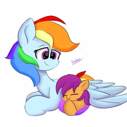 Size: 2791x2791 | Tagged: safe, artist:skylinepony_, imported from derpibooru, rainbow dash, scootaloo, pegasus, pony, cute, cutealoo, dashabetes, duo, duo female, eyes closed, female, filly, foal, mare, scootalove, siblings, signature, simple background, sisters, smiling, white background, wings