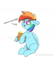 Size: 1640x1802 | Tagged: safe, artist:skylinepony_, imported from derpibooru, rainbow dash, pegasus, pony, cider, cider dash, drunk, female, mare, open mouth, open smile, simple background, smiling, solo, white background