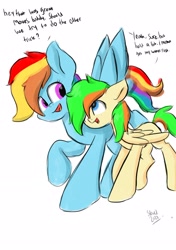 Size: 2039x2893 | Tagged: safe, artist:skylinepony_, imported from derpibooru, rainbow dash, oc, pegasus, pony, dialogue, duo, female, looking at each other, looking at someone, mare, open mouth, open smile, simple background, smiling, white background