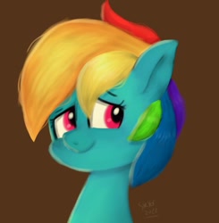 Size: 1010x1030 | Tagged: safe, artist:skylinepony_, imported from derpibooru, rainbow dash, pegasus, pony, brown background, bust, female, mare, portrait, signature, simple background, smiling, solo