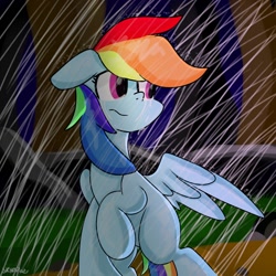 Size: 1280x1280 | Tagged: safe, artist:skylinepony_, imported from derpibooru, rainbow dash, pegasus, pony, crying, female, floppy ears, frown, implied twilight sparkle, mare, rain, raised hoof, solo, spread wings, wet, wings