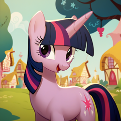 Size: 1024x1024 | Tagged: prompter needed, safe, imported from ponybooru, twilight sparkle, ai content, blue sky, looking at you, ponyville, smiling, smiling at you, tree