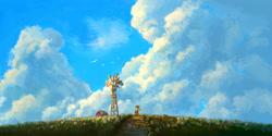 Size: 2161x1080 | Tagged: prompter needed, safe, imported from ponybooru, applejack, ai content, ai generated, blue sky, cloud, cottagecore, countryside, scenery, sweet apple acres, windmill