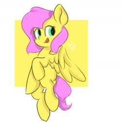 Size: 1672x1672 | Tagged: safe, artist:skylinepony_, imported from derpibooru, fluttershy, pegasus, pony, female, mare, open mouth, open smile, passepartout, signature, smiling, solo
