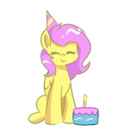 Size: 843x843 | Tagged: safe, artist:skylinepony_, imported from derpibooru, fluttershy, pegasus, pony, birthday, birthday cake, cake, eyes closed, female, food, hat, party hat, simple background, smiling, solo, white background