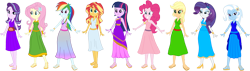 Size: 4039x1154 | Tagged: safe, artist:invisibleink, artist:tylerajohnson352, imported from derpibooru, applejack, fluttershy, pinkie pie, rainbow dash, rarity, starlight glimmer, sunset shimmer, trixie, twilight sparkle, equestria girls, armlet, bracelet, clothes, dress, eyelashes, feet, freckles, goddess, greek clothes, high heels, jewelry, multicolored hair, rainbow hair, sandals, shoes, simple background, tied hair, transparent background