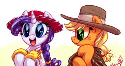 Size: 1500x800 | Tagged: safe, artist:whitediamonds, imported from derpibooru, applejack, rarity, earth pony, pony, unicorn, alternate hairstyle, braid, braided ponytail, clothes, cute, disney, duo, duo female, female, freckles, hat, horn, jackabetes, jessie (toy story), lesbian, looking at someone, mare, open mouth, open smile, pixar, ponytail, profile, raribetes, rarijack, rarijack daily, shipping, signature, simple background, smiling, the man with no name, toy story, toy story 2, white background