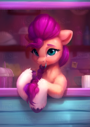 Size: 2101x2971 | Tagged: safe, artist:itssim, imported from derpibooru, sunny starscout, earth pony, pony, depth of field, dexterous hooves, drink, eyebrows, female, g5, lacrimal caruncle, looking at you, mare, mouth hold, smoothie, solo, unshorn fetlocks, watermark