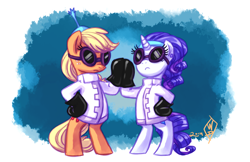 Size: 1350x875 | Tagged: safe, artist:whitediamonds, imported from derpibooru, applejack, rarity, earth pony, pony, unicorn, bipedal, clothes, cosplay, costume, crossover, disney, duo, duo female, female, freckles, goggles, horn, kronk, lab coat, lesbian, mare, rarijack, rarijack daily, shipping, signature, tail, the emperor's new groove, yzma