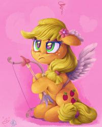 Size: 2400x3000 | Tagged: safe, artist:aquaticsun, artist:whitediamonds, imported from derpibooru, applejack, earth pony, pony, arrow, bow (weapon), bow and arrow, collaboration, cupid, fake wings, female, flower, flower in hair, freckles, frown, hatless, heart arrow, high res, makeup, mare, missing accessory, signature, sitting, solo, unamused, weapon