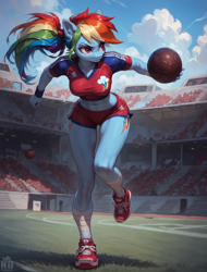 Size: 1792x2352 | Tagged: safe, imported from derpibooru, rainbow dash, anthro, plantigrade anthro, ai content, ai generated, crowd, football, generator:stable diffusion, prompter:neondash, solo, sports, stadium