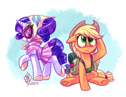 Size: 1750x1350 | Tagged: safe, artist:whitediamonds, imported from derpibooru, applejack, rarity, earth pony, pony, unicorn, season 3, sleepless in ponyville, applejack's hat, camping outfit, clothes, cowboy hat, dress, duo, duo female, female, floppy ears, freckles, frown, glasses, hat, horn, lesbian, mare, raised hoof, raised leg, rarijack, rarijack daily, shipping, signature, sitting, smiling, standing on two hooves, sunglasses, tumblr, underhoof