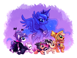 Size: 2050x1550 | Tagged: safe, artist:whitediamonds, imported from derpibooru, apple bloom, applejack, princess luna, rarity, scootaloo, sweetie belle, alicorn, earth pony, pegasus, pony, unicorn, vampire, werewolf, luna eclipsed, season 2, animal costume, apple sisters, belle sisters, bride of frankenstein, clothes, colored pupils, concave belly, costume, cute, cutie mark crusaders, eyes closed, female, filly, foal, frankenstein's monster, freckles, group, halloween, holiday, horn, lesbian, lidded eyes, mare, nightmare night, nightmare night rarity, open mouth, open smile, profile, raised hoof, rarijack, rarijack daily, running, scarecrow, sextet, shipping, siblings, side view, signature, sisters, slender, smiling, spread wings, thin, tumblr, wings, wolf costume