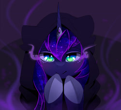 Size: 2208x2012 | Tagged: dead source, safe, artist:magnaluna, imported from derpibooru, princess luna, alicorn, pony, cloak, clothes, female, high res, hood, horn, looking at you, mare, slit pupils, smiling, smiling at you, solo