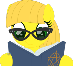 Size: 1682x1514 | Tagged: safe, artist:pure-blue-heart, imported from derpibooru, oc, oc only, oc:golden color, earth pony, earth pony oc, female, female oc, glasses, green eyes, mare, mare oc, open book, pentagram, reading, simple background, transparent background, watermark