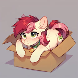 Size: 1024x1024 | Tagged: safe, imported from derpibooru, roseluck, earth pony, pony, ai content, ai generated, behaving like a cat, box, collar, cute, fluffy, generator:pony diffusion v6 xl, generator:stable diffusion, pet tag, pony in a box, pony pet, prompter:doom9454, rosepet