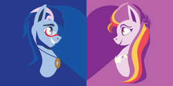 Size: 10500x5250 | Tagged: safe, artist:samoht-lion, imported from derpibooru, earth pony, pony, argyle starshine, duo, duo male and female, female, g5, glasses, heart, heart background, husband and wife, jewelry, looking at each other, looking at someone, male, mare, medallion, necklace, smiling, stallion, sunny starscout's mother