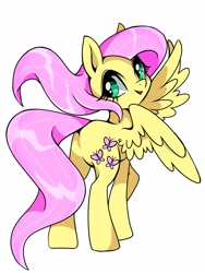 Size: 1200x1600 | Tagged: safe, artist:stacy_165cut, imported from derpibooru, fluttershy, pegasus, pony, big eyes, butt, colored, countershading, eyelashes, female, flat colors, green eyes, looking at you, looking back, looking back at you, mare, open mouth, open smile, pink mane, pink tail, plot, raised hoof, rear view, saturated, shiny mane, shiny tail, simple background, smiling, smiling at you, solo, spread wings, standing, tail, thin, wavy mane, wavy tail, white background, windswept mane, wing fluff, wingding eyes, wings, yellow coat