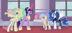 Size: 4949x2285 | Tagged: safe, artist:xxcheerupxxx, imported from derpibooru, twilight sparkle, oc, oc:gloriax, oc:moon dusk, oc:opal quartz, alicorn, changepony, hybrid, pony, the last problem, concave belly, height difference, interspecies offspring, magic, offspring, older, older twilight, older twilight sparkle (alicorn), parent:night guard, parent:princess celestia, parent:princess luna, parent:thorax, parents:guardluna, parents:thoralestia, princess twilight 2.0, slender, tall, thin, twilight sparkle (alicorn)