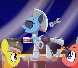 Size: 1440x1260 | Tagged: safe, artist:trackheadtherobopony, imported from derpibooru, oc, oc:silverstream (robot pony), oc:thunder (fl), oc:trackhead, pegasus, pony, robot, robot pony, cake, dancing, drink, food, wrench