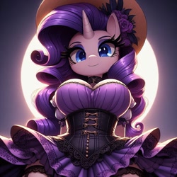 Size: 1024x1024 | Tagged: safe, imported from derpibooru, rarity, anthro, unicorn, ai content, ai generated, big breasts, breasts, busty rarity, choker, cleavage, clothes, corset, garter belt, generator:dall-e 3, hands behind back, hat, horn, lolita fashion, looking at you, looking down, prompter:glimmy-glam, simple background, skirt, smiling, solo, solo focus, thighs