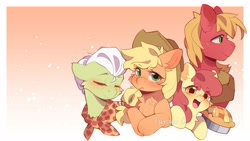Size: 1920x1080 | Tagged: safe, artist:糖希, imported from ponybooru, apple bloom, applejack, big macintosh, granny smith, earth pony, pony, adorabloom, apple family, blushing, cute, female, filly, foal, food, gradient background, looking at you, male, mare, open mouth, pie, smiling, stallion, straw in mouth, text