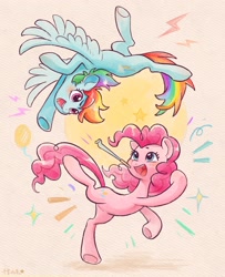 Size: 2583x3180 | Tagged: safe, artist:千雲九枭, imported from derpibooru, pinkie pie, rainbow dash, earth pony, pegasus, pony, duo, duo female, female, flying, mare, open mouth, open smile, party horn, smiling, spread wings, wings