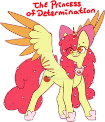Size: 1280x1485 | Tagged: safe, artist:isaacbloom, imported from derpibooru, apple bloom, alicorn, pony, alicornified, bloomicorn, deviantart watermark, female, flower, flower in hair, grin, mare, obtrusive watermark, race swap, smiling, solo, spread wings, text, watermark, wings
