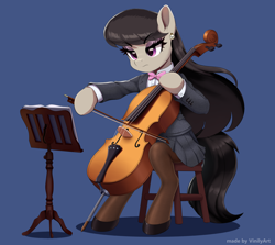 Size: 2172x1938 | Tagged: safe, artist:vinilyart, imported from derpibooru, octavia melody, earth pony, pony, semi-anthro, blue background, bow (instrument), bowtie, cello, cello bow, clothes, colored pinnae, ear fluff, ear piercing, earring, eyebrows, eyebrows visible through hair, eyelashes, eyeshadow, female, flowing mane, hoof hold, hoof shoes, jacket, jewelry, looking at something, makeup, mare, musical instrument, octavia is not amused, piercing, shadow, sheet music, shirt, signature, simple background, sitting, skirt, socks, solo, stand, stockings, stool, thigh highs, unamused