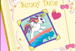 Size: 720x480 | Tagged: safe, imported from derpibooru, screencap, sunny daze (g3), earth pony, pony, a charming birthday, bipedal, birthday book, female, g3, mare, ocean, open mouth, open smile, picture, ponyville surprise birthday book, scrapbook, smiling, solo, surfboard, surfing, water, wave