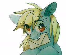 Size: 2224x1860 | Tagged: safe, artist:sunlighten_, imported from derpibooru, derpy hooves, pegasus, pony, cute, envelope, eye clipping through hair, female, letter, mare, mouth hold, simple background, solo, swirly eyes, white background, wingding eyes