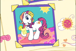 Size: 720x480 | Tagged: safe, imported from derpibooru, screencap, sunny daze (g3), earth pony, pony, a charming birthday, birthday book, cutie mark, female, food, g3, glass, hoof hold, juice, lemon, lemon slice, lemonade, looking back, mare, open mouth, open smile, picture, ponyville surprise birthday book, raised hoof, scrapbook, smiling, solo, straw, sun