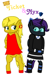 Size: 727x1065 | Tagged: safe, artist:princess-paige-place-of-fun, imported from derpibooru, oc, oc only, oc:nyx, oc:ticket, alicorn, pony, alicorn oc, anarchy panty, anarchy stocking, bipedal, bow, bracelet, clothes, crossover, cutie mark, dress, ear piercing, earring, female, goth, gothic lolita, hair bow, horn, jewelry, lolita fashion, mare, necklace, panty and stocking with garterbelt, piercing, simple background, slit pupils, smiling, socks, stockings, striped socks, text, thigh highs, transparent background, wings