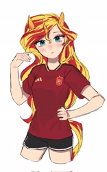 Size: 1281x2048 | Tagged: safe, artist:mlp_1121, imported from derpibooru, sunset shimmer, human, adidas, clothes, eared humanization, football, humanized, looking at you, shirt, shorts, simple background, solo, sports, t-shirt, tail, tailed humanization, white background
