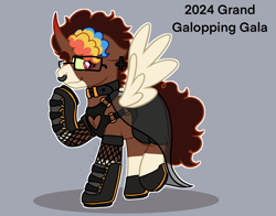 Size: 1348x1056 | Tagged: safe, artist:bluemoon, imported from derpibooru, oc, alicorn, pony, boots, clothes, coat markings, collar, curved horn, dress, fishnet clothing, fishnets, gala dress, glasses, grand galloping gala, horn, nose piercing, piercing, shoes, skirt, socks, socks (coat markings), solo, spread wings, stockings, thigh highs, wings