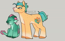 Size: 1900x1200 | Tagged: safe, artist:venus_ai_, imported from derpibooru, hitch trailblazer, dragon, earth pony, pony, alternate color palette, alternate design, alternate hairstyle, alternate tailstyle, child, claws, duo, father and child, father and son, g5, gray background, green mane, green skin, green tail, horn, male, signature, simple background, sparky sparkeroni, stallion, tail, unshorn fetlocks, yellow coat