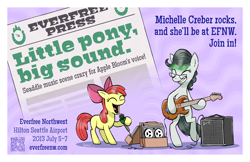 Size: 5100x3300 | Tagged: safe, artist:pedantia, imported from derpibooru, apple bloom, oc, oc:front page, earth pony, pony, everfree northwest, female, filly, foal, glasses, guitar, michelle creber, musical instrument, ponified