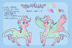 Size: 2100x1412 | Tagged: safe, artist:reamina, imported from derpibooru, oc, oc only, oc:reamina, hybrid, zebra, zebrasus, zony, blue background, blue eyes, color palette, colored hooves, colored wings, female, female symbol, heterochromia, leonine tail, looking at you, mare, multicolored wings, red eyes, reference sheet, simple background, solo, spread wings, stripes, tail, wings