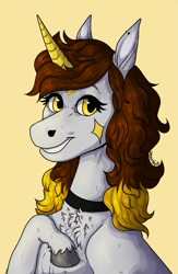 Size: 1307x2004 | Tagged: safe, artist:reamina, imported from derpibooru, oc, oc:aveena, pony, unicorn, bust, female, horn, mare, portrait, simple background, solo, yellow background