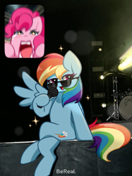 Size: 905x1207 | Tagged: safe, artist:kittyrosie, imported from derpibooru, pinkie pie, rainbow dash, earth pony, pegasus, pony, backwards cutie mark, bereal., crying, meme, microphone, open mouth, ponified meme, sunglasses, tears of joy