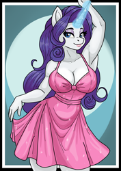 Size: 1240x1754 | Tagged: safe, artist:rekheadz, imported from derpibooru, rarity, anthro, unicorn, arm behind head, armpits, bedroom eyes, big breasts, breasts, busty rarity, cleavage, clothes, dress, female, glowing, glowing horn, horn, mare, pink dress, smiling, solo