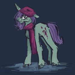 Size: 1562x1564 | Tagged: safe, artist:venus_ai_, imported from derpibooru, pony, unicorn, angry, clothes, eyelashes, female, frown, g5, green coat, hat, horn, looking at each other, looking at someone, mare, markings, onyx, puddle, purple mane, scarf, unshorn fetlocks, wet, wet mane